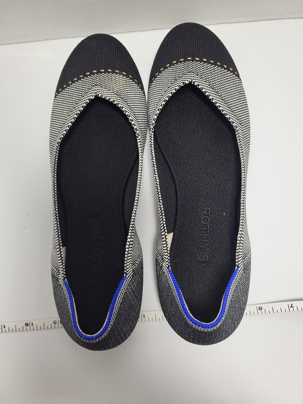 Womens Rothy's The Flat Black & White Knit Ballet with Blue Trim Size 10